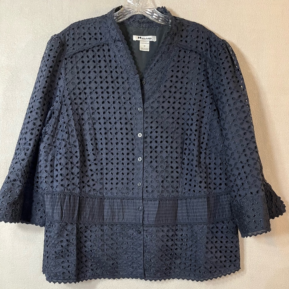 Nygard Dark Navy Eyelet Fully Lined Lace Blouse Sz 18 with Flirty Sleeve Detail